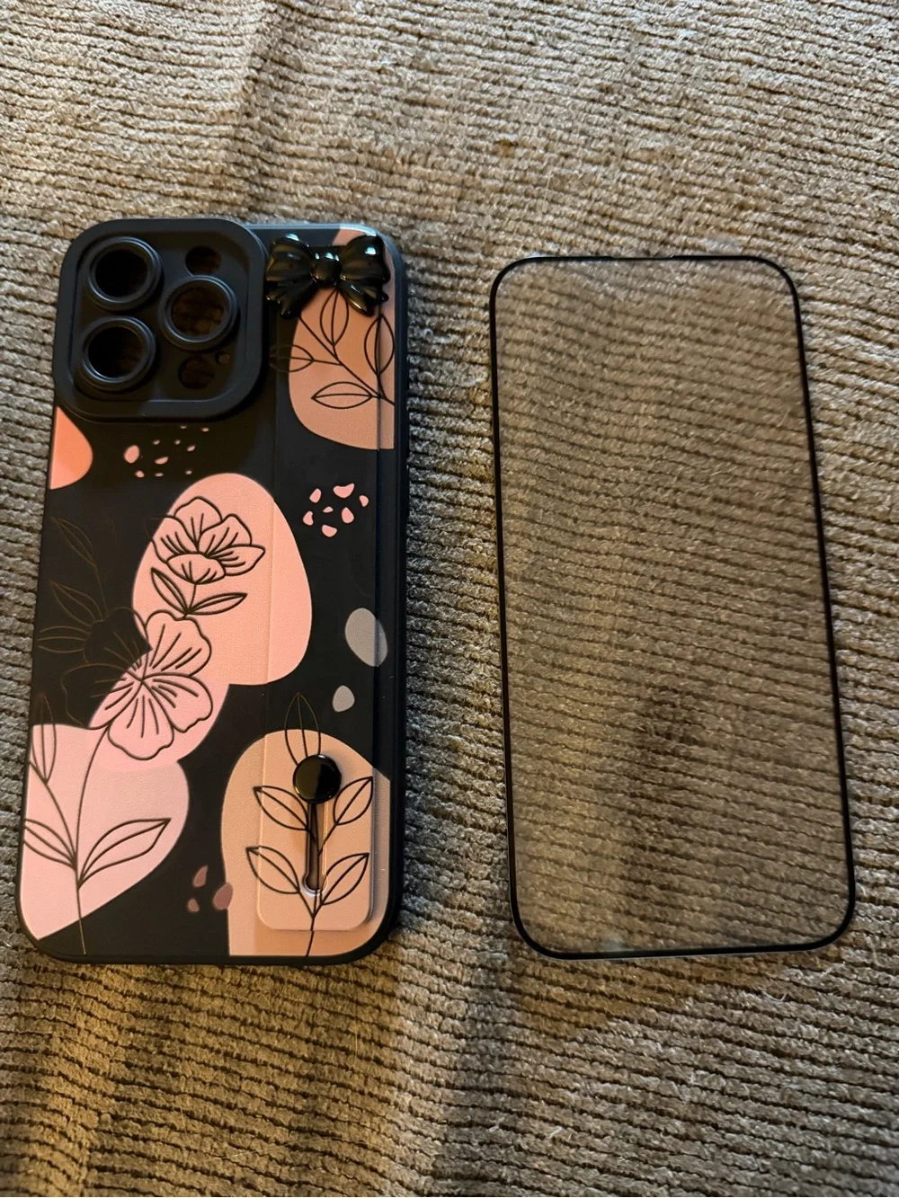 Floral Black and Pink Protective Phone Case with Tempered Glass Protector